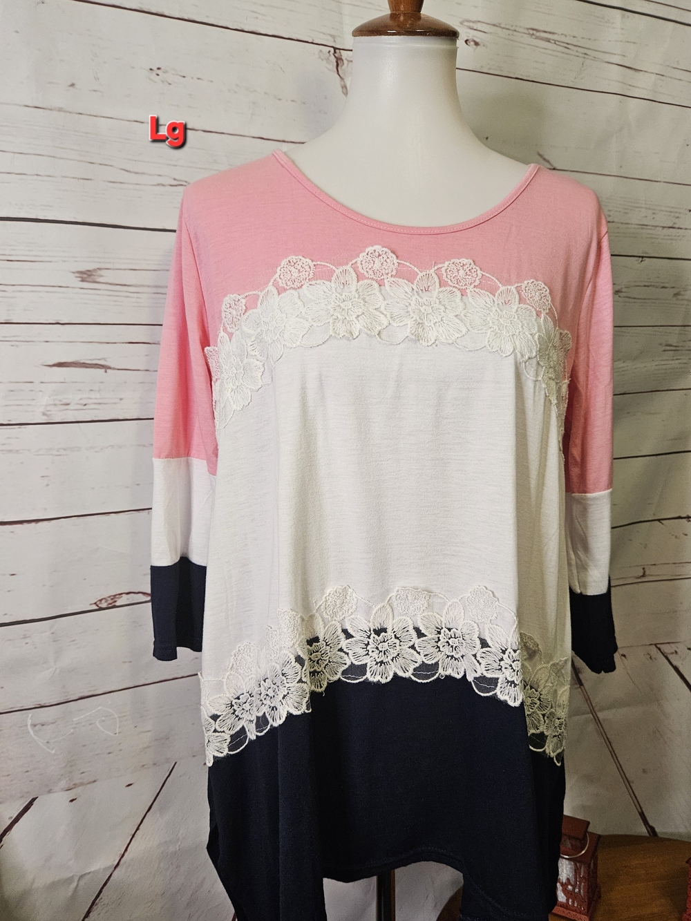 Lace-Trim Colorblock Tunic Top - Pink, White & Navy